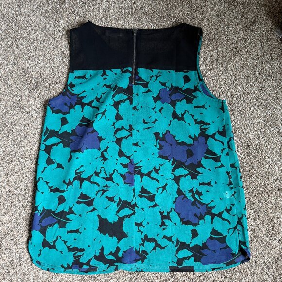 LOFT Sleeveless Sheer Panel Yoke Top Floral Blouse, Size M, Teal/Black/Purple - Picture 6 of 10